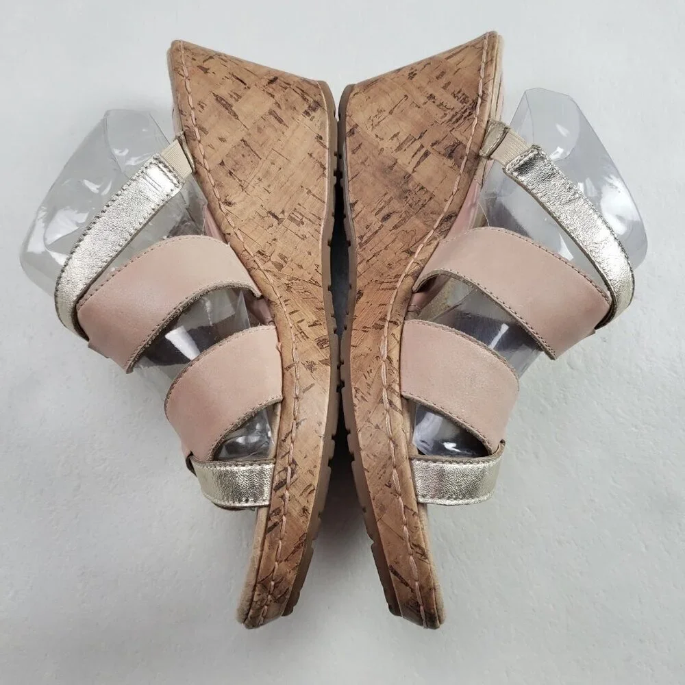 Born BOC Cork Wedge Sandal Womens 9 Brown Leather Open Toe Strappy Slip On